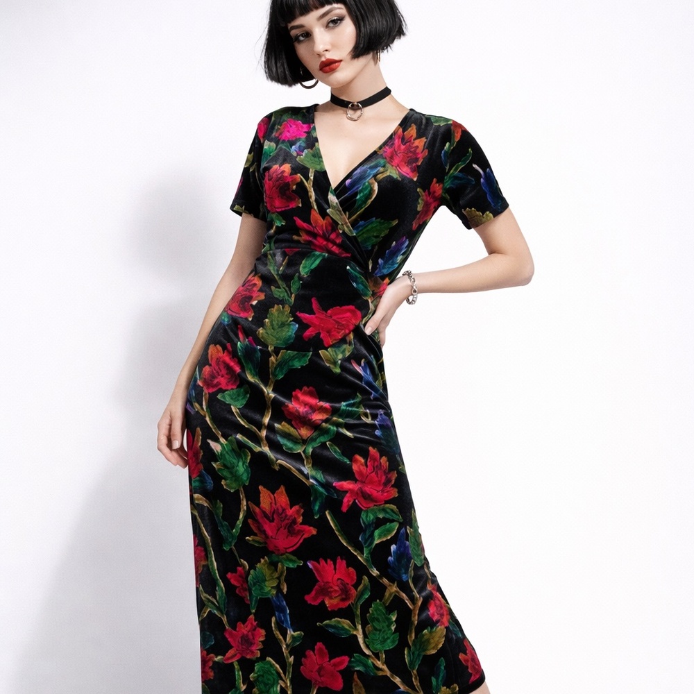 Zara Stunning Midi dress Empire Waist Babydoll Velvet Jewel tones Black red S